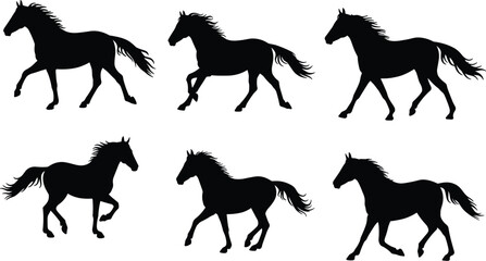  Silhouette sequence of running horse showing dynamic motion, galloping stages, animal locomotion, equestrian speed, black vector illustration for design