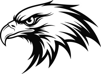 Black and White Eagle Head Silhouette Vector with Sharp Beak and Intense Eye, Bold Bird Icon for Strength, Freedom, and Vigilance