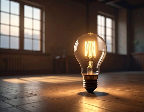 Glowing Vintage Filament Light Bulb on a Dark Background with Window Light  - Powered by Adobe