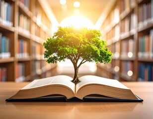 Vibrant Tree Growing Out of Open Book in Library

