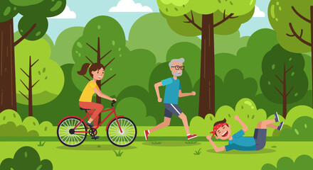 Healthy Lifestyle Illustration with Jogging, Cycling, and Fun Outdoors