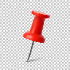 Realistic Red Push Pin Close-Up – Vector Thumbtack Isolated on Transparent Background