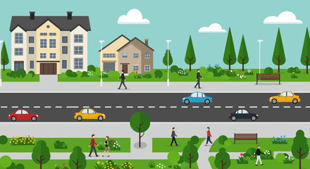 Residential Area with Cars, Green Park, and People in Flat Illustration