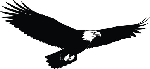 Black Silhouette of Bald Eagle in Flight with Extended Wings and Sharp Talons, Symbolic Bird Vector for Freedom, Strength, and Patriotism