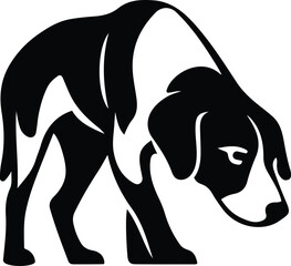 Dog silhouette sniffing black and white vector, Black dog sniffing on white background