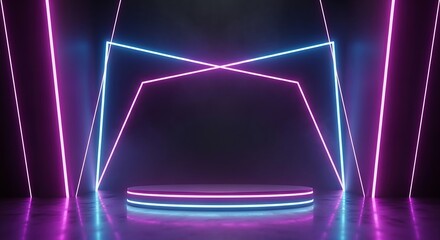 Naklejka premium A futuristic neon stage with a circular platform and geometric lights