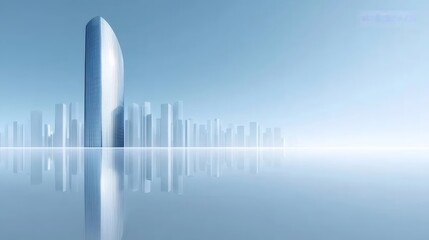 水色背景に浮かぶ抽象的な都市景観