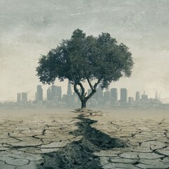 Lonely tree amidst cracked earth cityscape