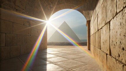 Pyramid viewed through ancient stone archway with sun flare Egypt architecture