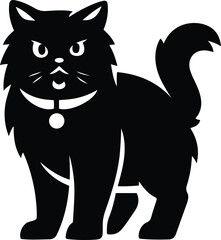 Fluffy cat silhouette with collar black design, Black cat vector on white background