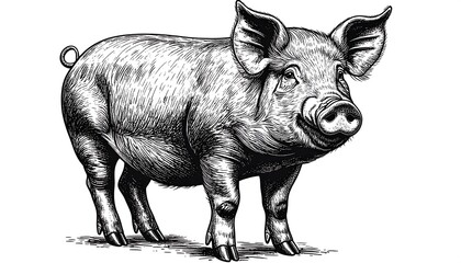 Fototapeta premium A grayscale illustration showcases a realistic pig standing upright, its features intricately detailed with shading, whiskers and a curly tail