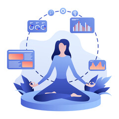 Businesswoman Meditating with Data Analytics – Mindfulness and Productivity Vector