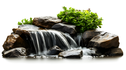 Waterfall landscape with water flowing over rocks in a garden, isolated on a transparent  background