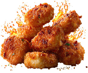 Crispy Fried Chicken Nuggets with Spicy Red Sauce Splash and Flames Keywords: chicken, nuggets, fried isolated on a transparent background