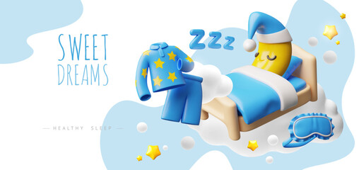 Naklejka premium Sweet dreams, healthy sleep 3D vector banner design, cute crescent moon wearing blue night cap sleeping in the clouds