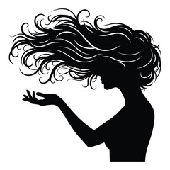 Silhouette of a woman with flowing wavy hair holding open palm elegant artistic design silhouette