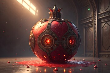 Ornate Pomegranate with Glowing Red Eyes and Spilled Juice mechanical steampunk