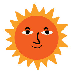 red sun with a smiling human face and golden rays flat hand-drawn illustration on a light background. Playful stylized sun character in folk or naive art style.