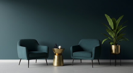 Two teal armchairs and a gold side table with a potted plant against a dark teal wall in a modern interior setting.