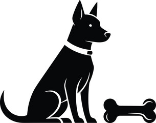 Black Silhouette of Sitting Dog with Collar and Bone, Minimal Pet Vector Icon for Loyalty, Playfulness, and Animal-Themed Design Projects
