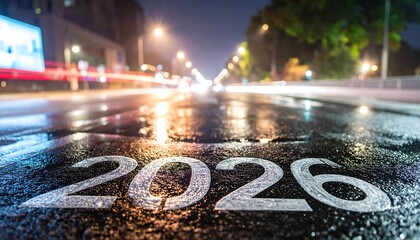 Anticipation of 2026 on a Wet City Road at Night with Blurred Car Lights
