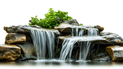 Waterfall landscape with water flowing over rocks in a garden, isolated on a transparent  background