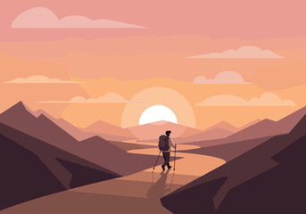 Hiking adventure at sunset mountain range digital serene landscape traveler's viewpoint