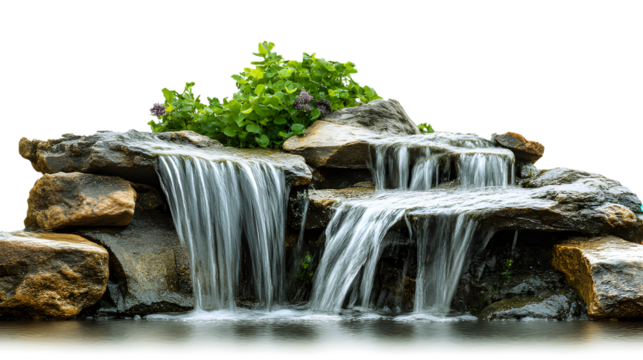 Waterfall landscape with water flowing over rocks in a garden, isolated on a transparent background