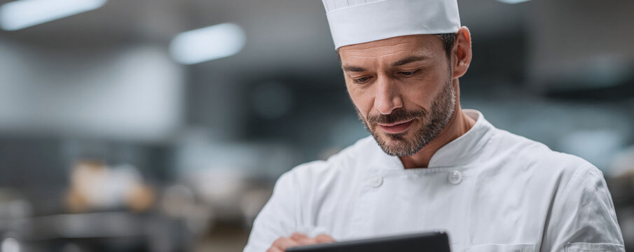 Focused chef in uniform uses a tablet in the kitchen, showcasing culinary professionalism, technology integration, and modern restaurant management practices. - Powered by Adobe