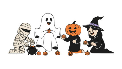 Spooky Halloween gathering: Delightful illustrations of costumed figures gathering. These include a playful mummy, a friendly ghost, a joyous pumpkin.