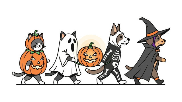 Spooky Parade of Pets: A charming illustration showcasing a line of dressed-up pets walking, each in their own unique costume, celebrating the spookiness of Halloween.
