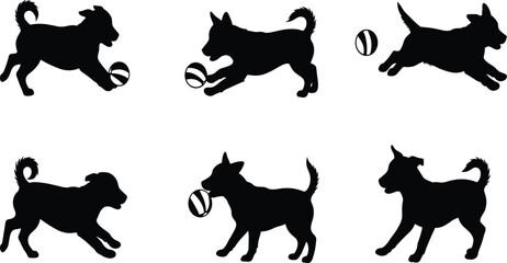 Vector illustration of multiple dog breeds with ball, playful pet activity, domestic animals, canine friendship, training, exercise, companionship, lifestyle design