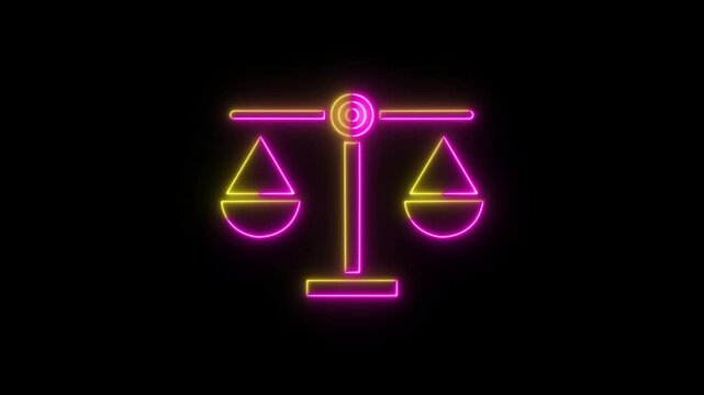 Abstract neon glowing Scales of justice icon isolated on black background. Court of law symbol. Balance scale sign.