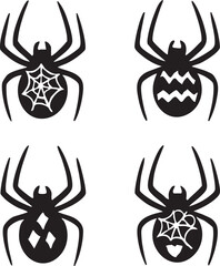 Set of spiders with web, zigzag, diamond and heart marks