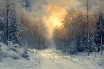 Obraz premium Snow-covered forest with sunlight filtering through trees, creating a serene winter scene.