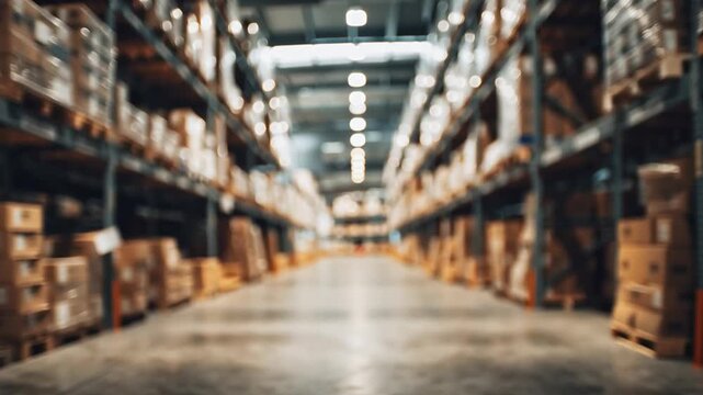 A spacious logistics warehouse features long aisles lined with stacked pallets. The overall atmosphere indicates a busy environment focused on efficient delivery and organization of supplies.