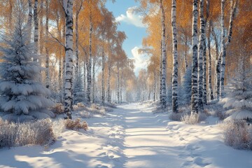 Obraz premium Snow-covered forest path winding through snowy trees.