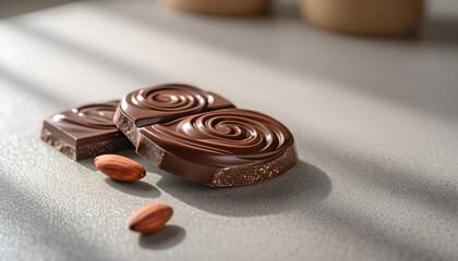 Marbled chocolate swirl on kitchen counter with cocoa bean in soft morning light with copy space