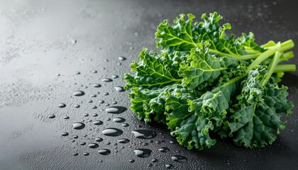 Freshly washed kale leaves with water droplets on a dark textured surface with copy space