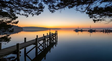 Fototapeta premium Peaceful lake view with boats at dusk