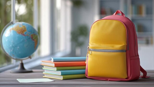 A colorful yellow and pink backpack rests beside a stack of books on a wooden table. Nearby, a globe reflects daylight from a sunlit classroom window, suggesting a studious atmosphere.