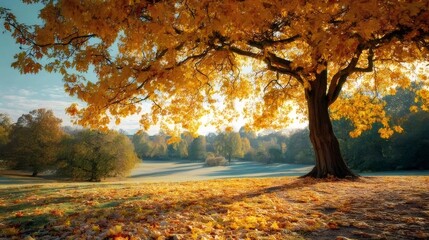 Fototapeta premium 秋の草原に輝く黄金色のカエデの木