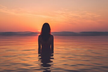 Fototapeta premium A woman standing in a body of water at sunset. This image captures the serene beauty of nature and the peacefulness of the moment. Perfect for use in travel brochures, relaxation-themed websites, and