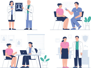 Medical consultation illustration with doctors and patients, healthcare checkup, medical diagnosis, hospital visit, professional doctor advice, patient care service