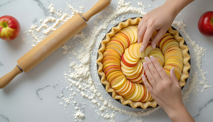 Wrinkled hands arranging apple slices on pie crust with copy space
