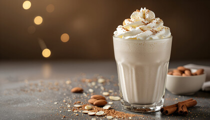 
Elegant almond milkshake in frosted glass against a dark background with copy space