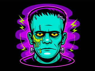 Frankenstein monster cartoon vector illustration with glowing neon colors, scary Halloween character design sticker, t-shirt, poster, banner, greeting card, clipart