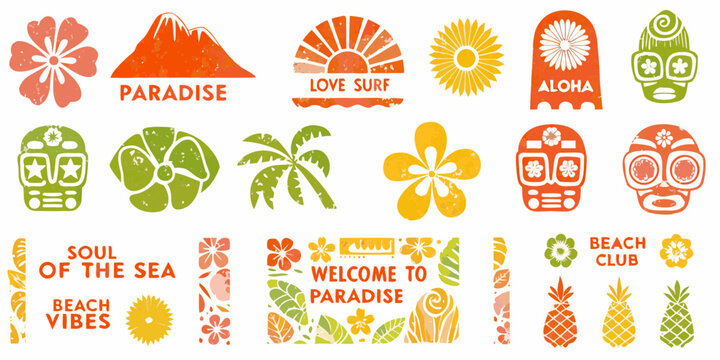 Collection of tropical hawaiian aloha beach vibes and paradise themed graphics with flowers and tiki masks