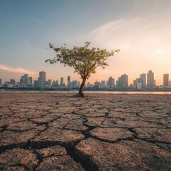 Lonely tree amidst cracked earth cityscape