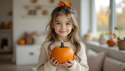 Girl holding mini pumpkin cheerfully in neutral home daylight with copy space